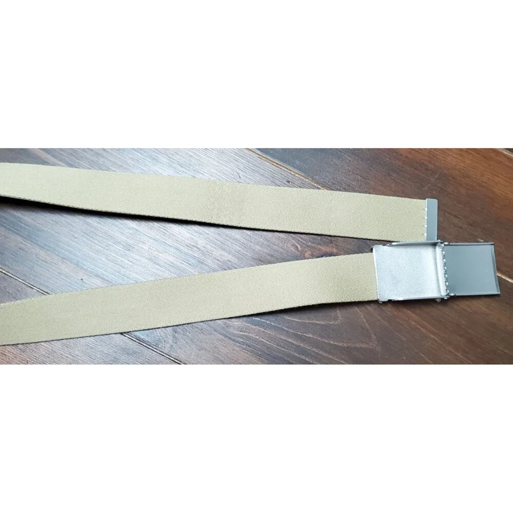 Ratchet Belt Mens 40-42 Beige Canvas Silvertone Buckle Reversible to Blue Stripe